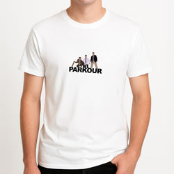 Parkour Unisex T-Shirt, worn by a male model.