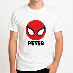 SpiderMan - Personalised Superhero Comic Unisex T-Shirt, worn by a male model.