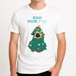 Bah Hum Pug Unisex T-Shirt, worn by a male model.