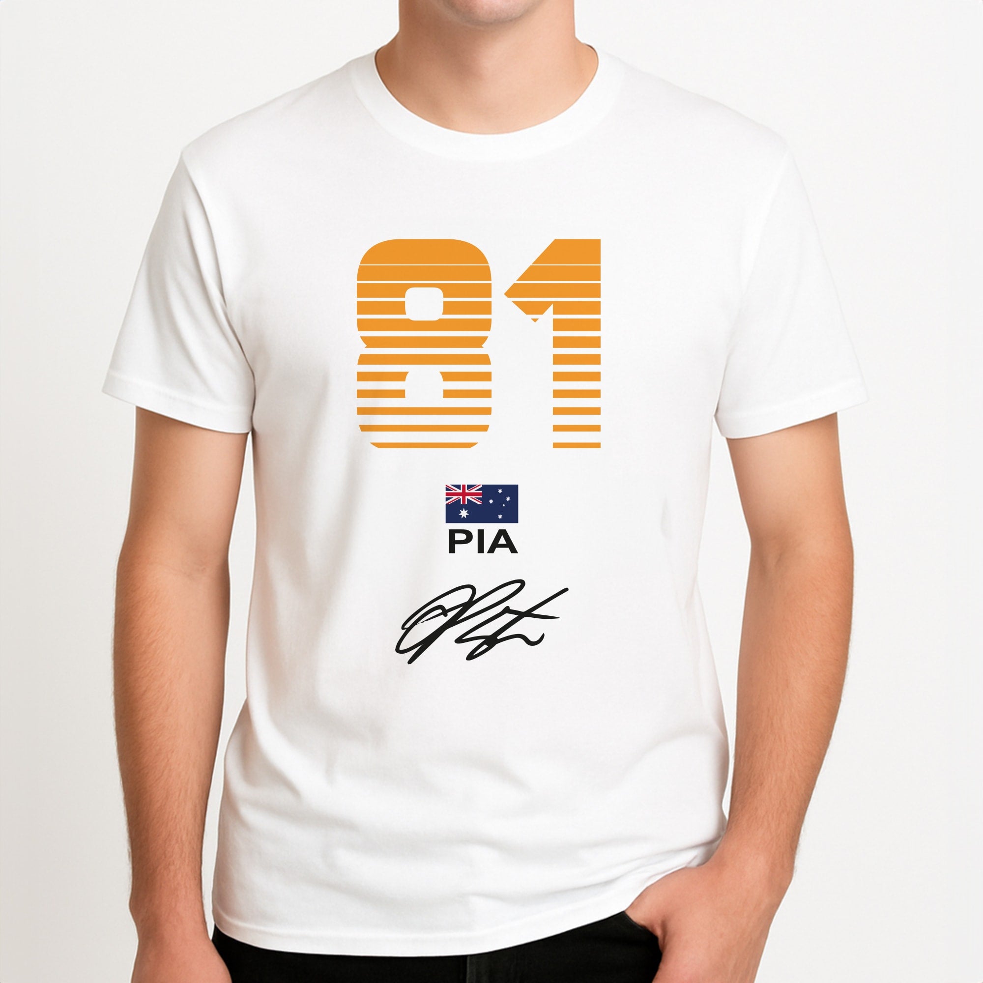 Piastri - F1 Unisex T-Shirt, worn by a male model.