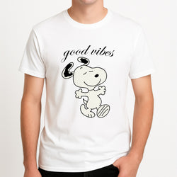 Good Vibes Cartoon Beagle Unisex T-Shirt, worn by a male model.