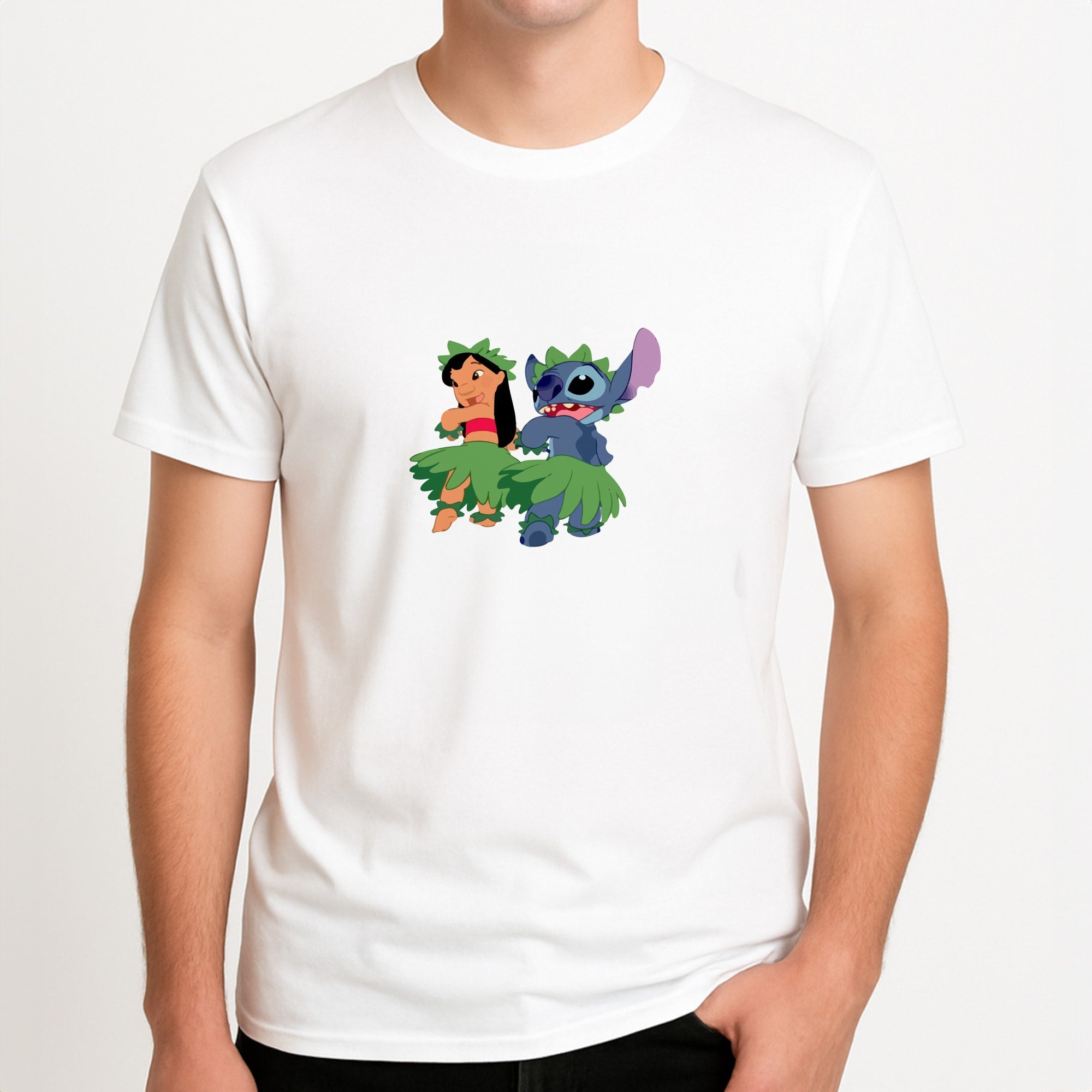 Lilo And Alien Blue Hoola Unisex T-Shirt, worn by a male model.