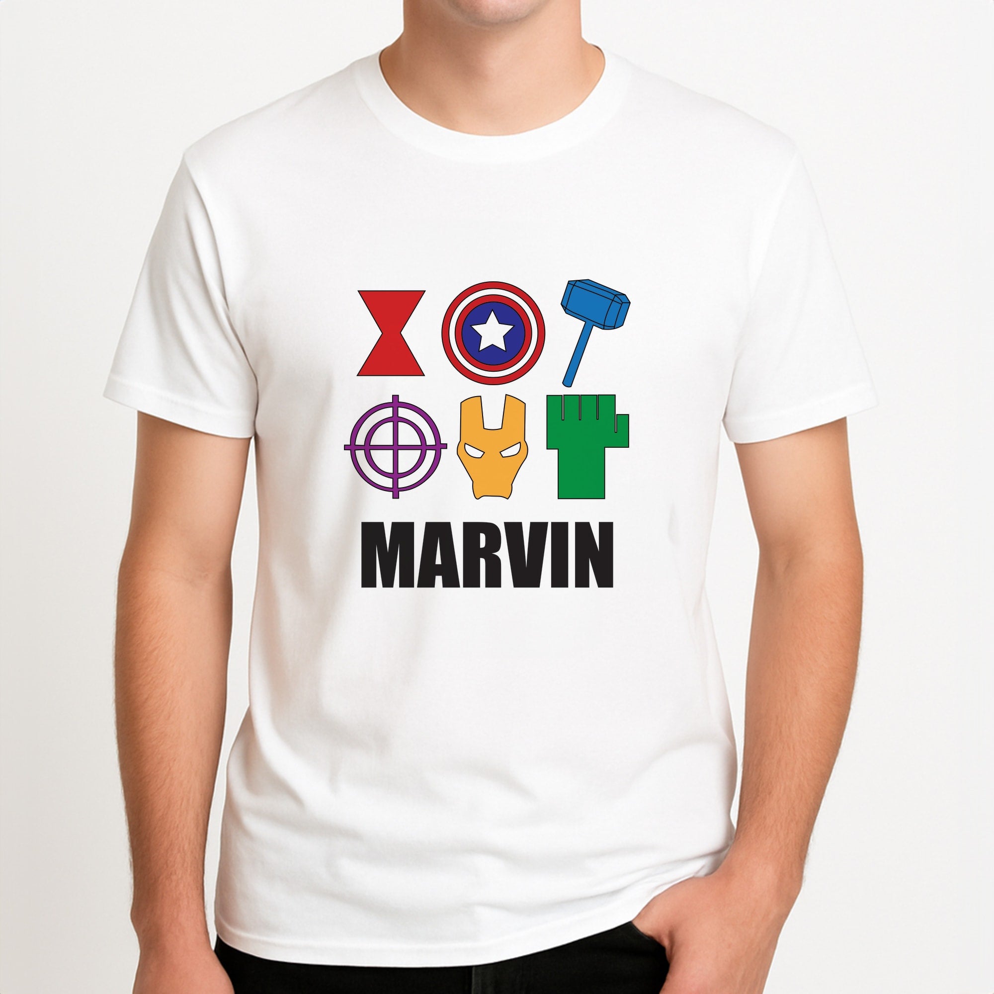 Icon Pattern - Personalised Superhero Comic Unisex T-Shirt, worn by a male model.