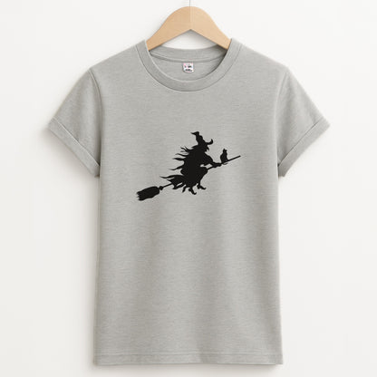 Witch And Cat - Halloween Unisex Grey T-Shirt