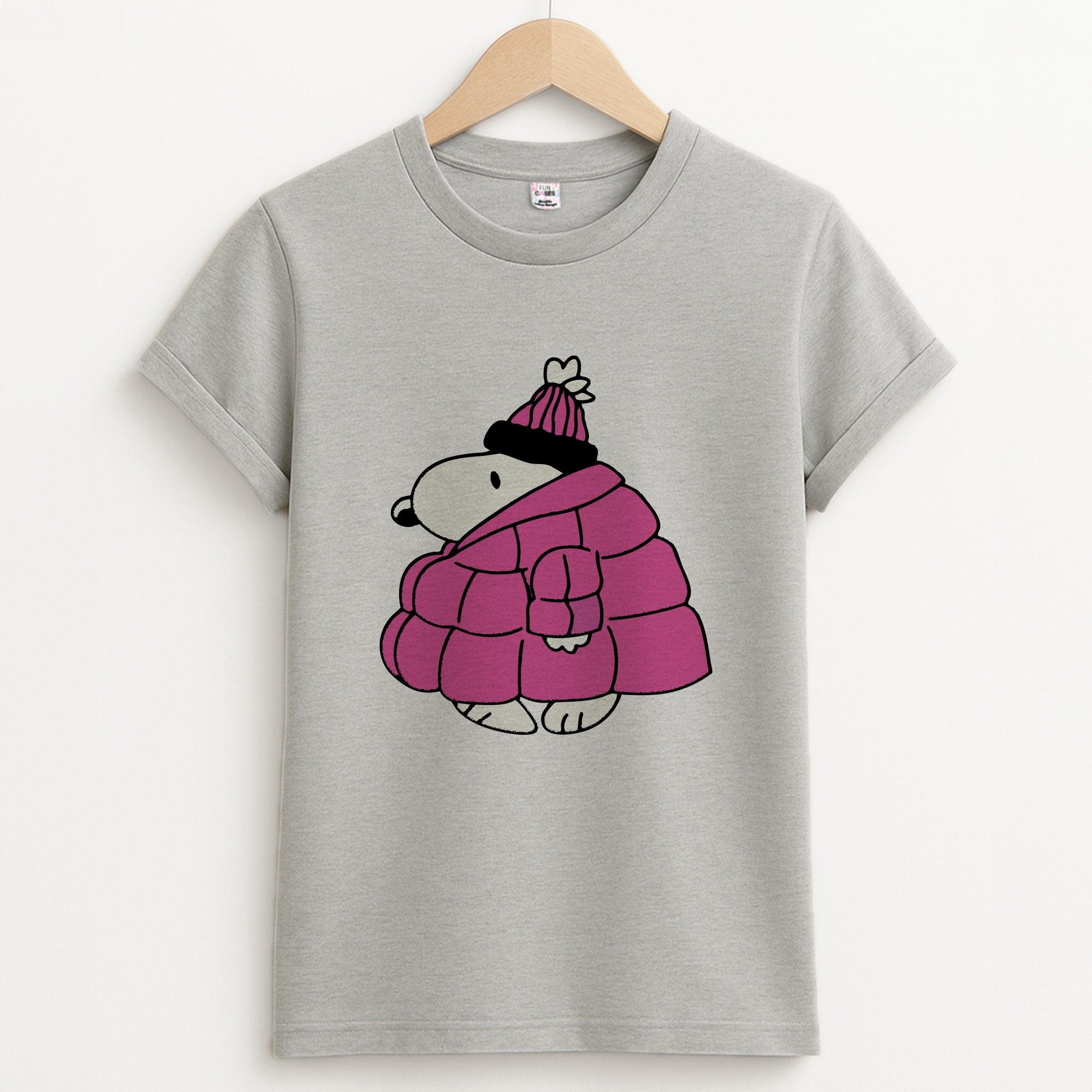 Cartoon Beagle Puffer Jacket Pink Unisex Grey T-Shirt