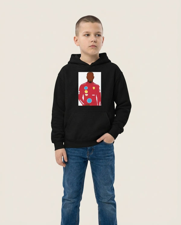 Hamilton In Red Kids Hoodie — Black Front, worn