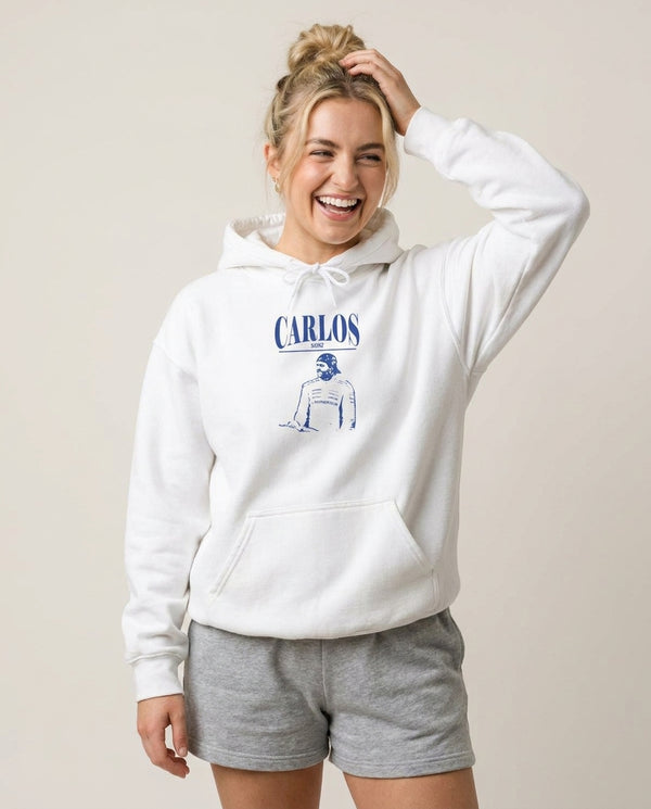 Carlos White And Blue Hoodie — White Front, worn