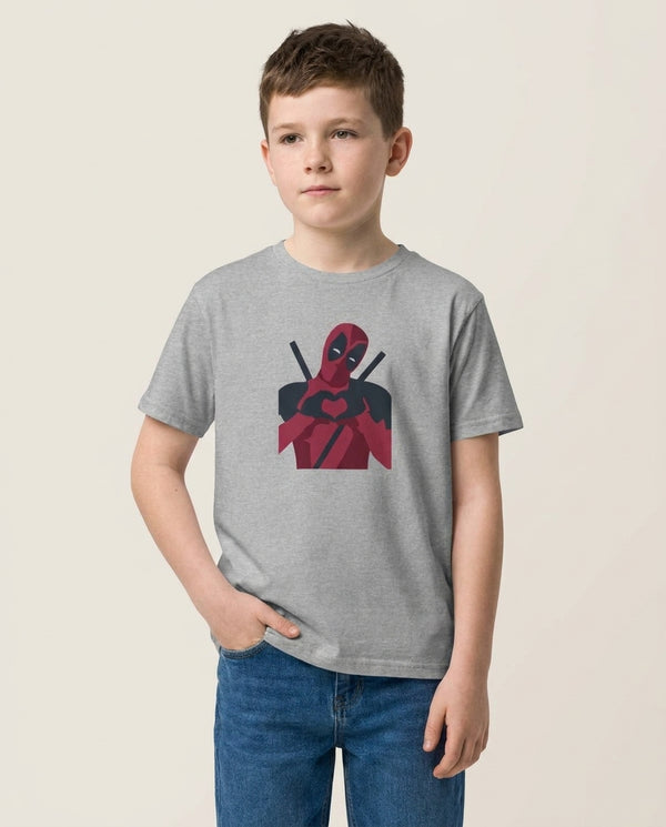 DP heart Kids T-Shirt — Grey Front, worn