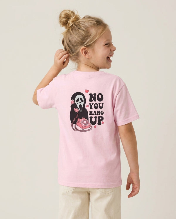 No You Hang Up Kids T-Shirt — Pink Back, worn