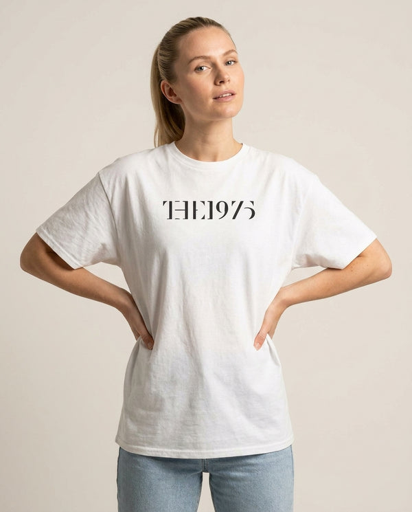1975 Text T-Shirt — White Front, worn