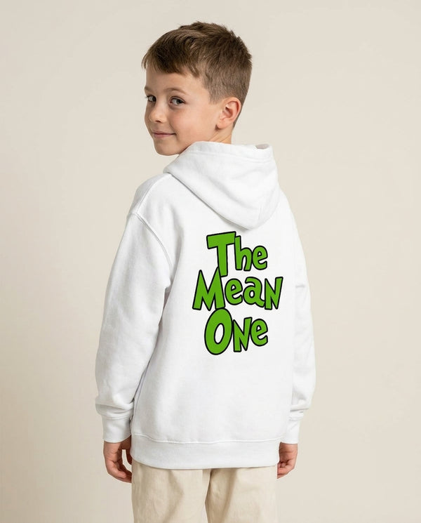 The Mean One Kids Hoodie White Back, worn