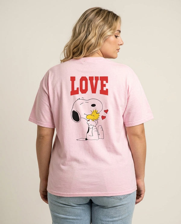 Love Cartoon Beagle  T-Shirt — Pink Back, worn