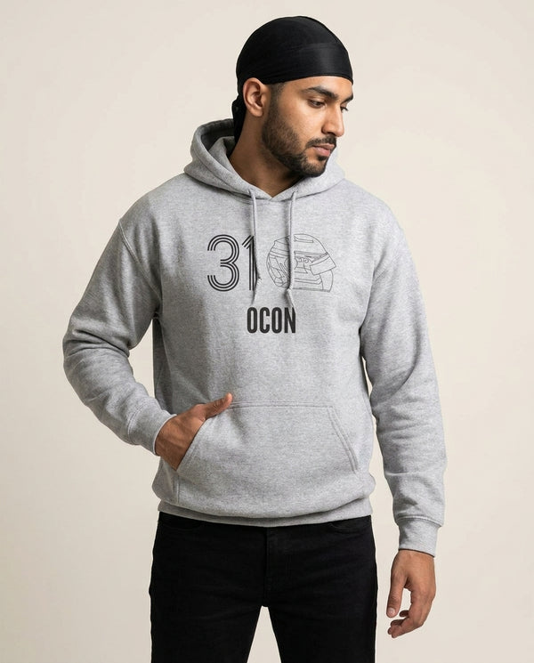 Ocon Helmet 2026 Hoodie — Grey Front, worn