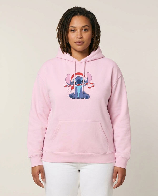 Cute Blue Alien Candycane Hoodie — Pink Front, worn