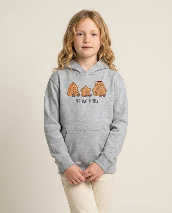 Gingerbread Plushies Quote Kids Hoodie — Grey Front, worn