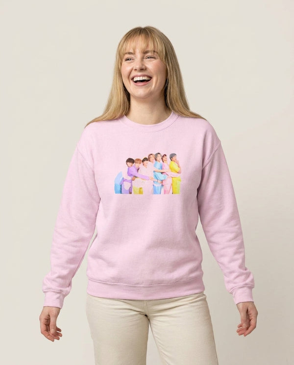 Colourful K-Pop Band Band Sweatshirt — Pink Front, worn