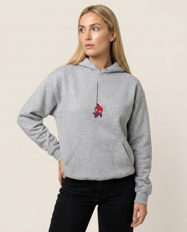 Blue Hanging Spider Hero Hoodie — Grey Front, worn