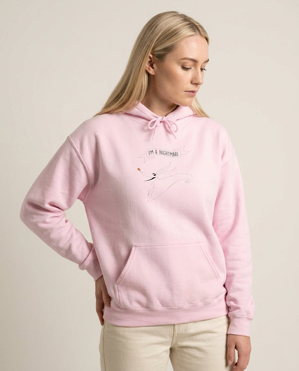 Stripey I'm A Nightmare Hoodie — Pink Front, worn