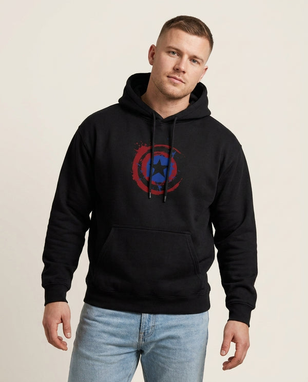 The Shield Hoodie — Black Front, worn