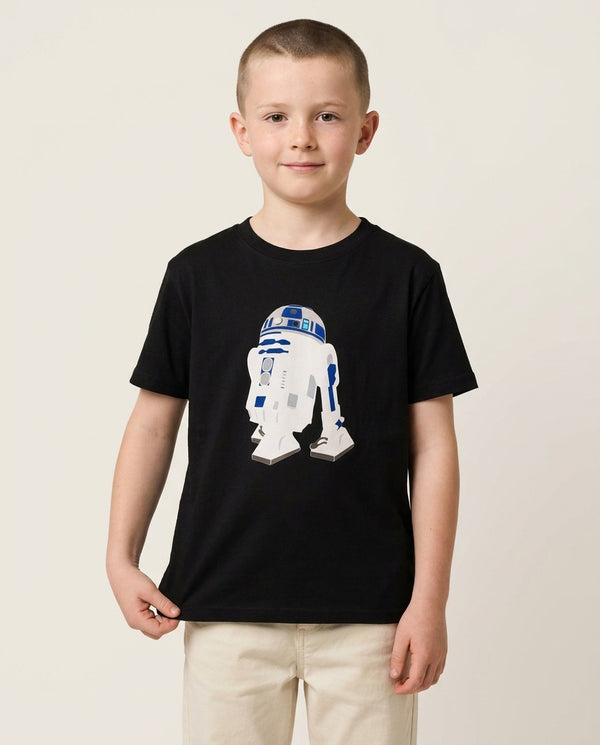 R2D2 Kids T-Shirt — Black Front, worn