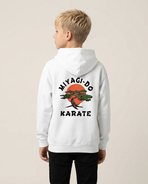 Miyagi-do Karate - C Kai Kids Hoodie — White Back, worn