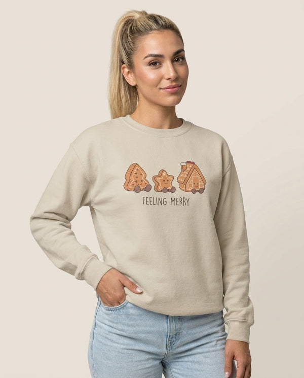 Gingerbread Plushies Quote Sweatshirt — Sand Front, worn