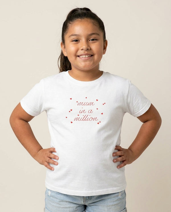 Mum In A Million Kids T-Shirt — White Front, worn