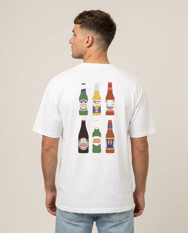 Ale Bottles T-Shirt — White Back, worn