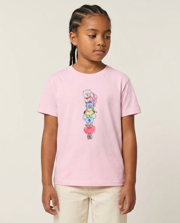 K-Pop Band BT21 Drawing Kids T-Shirt — Pink Front, worn