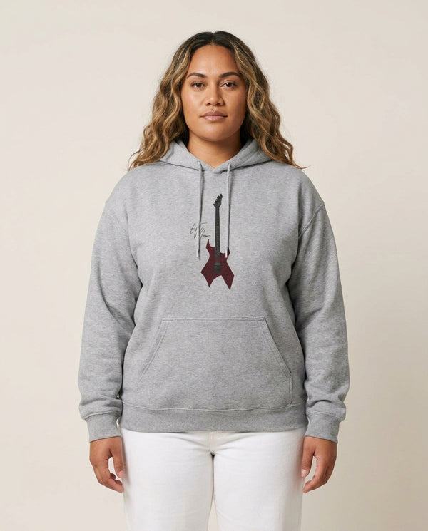 Eddie Munson Guitar Hoodie — Grey Front, worn