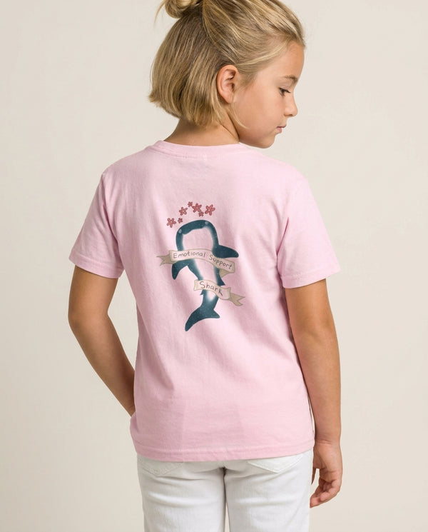 Emotional Support Shark Kids T-Shirt Pink Back, worn