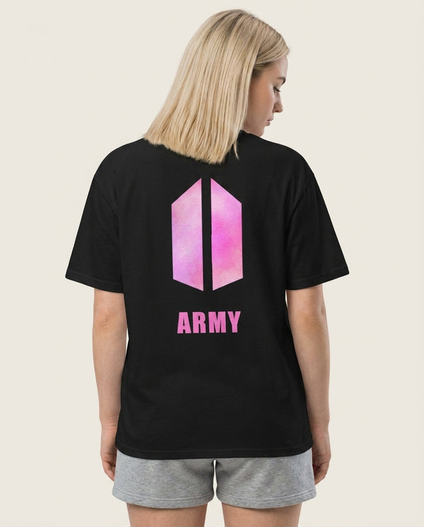 BTS Army Pink - K Pop T-Shirt — Black Back, worn