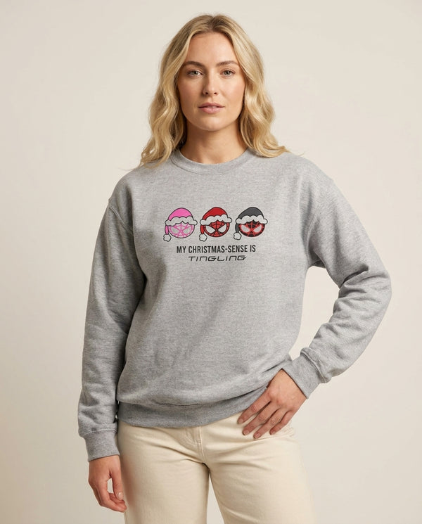 Spider Hero Christmas Sense Sweatshirt — Grey Front, worn