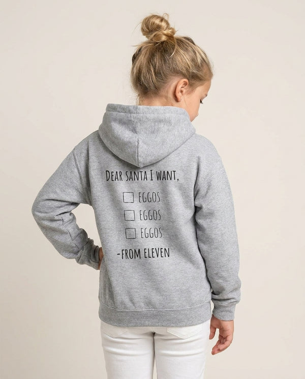 Eleven's Christmas List Kids Hoodie — Grey Back, worn