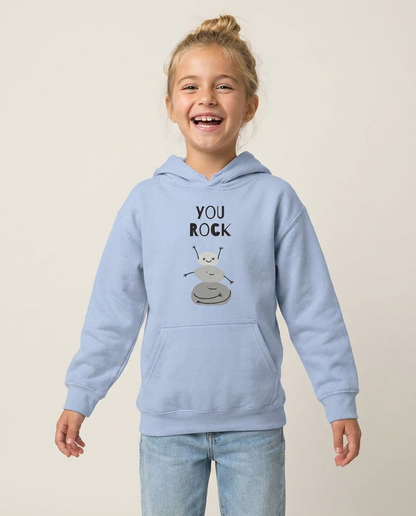 You Rock Kids Hoodie — Blue Front, worn