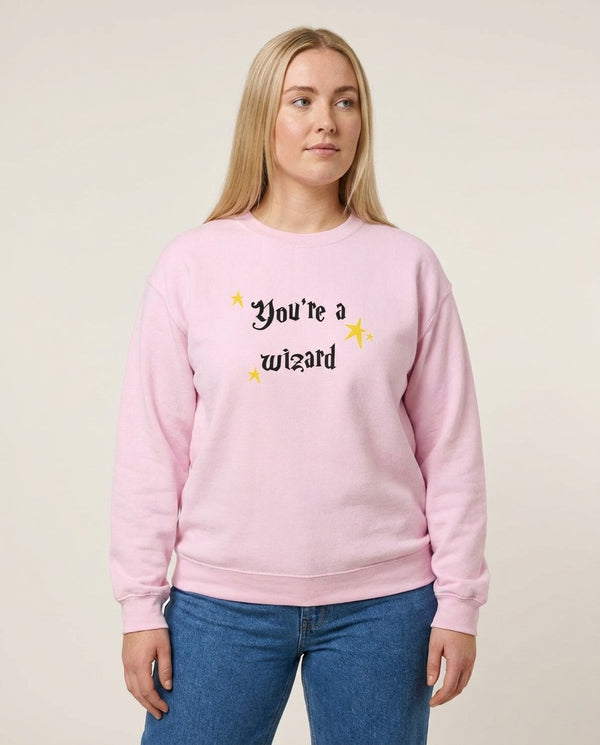You're A Wizard Sweatshirt — Pink Front, worn