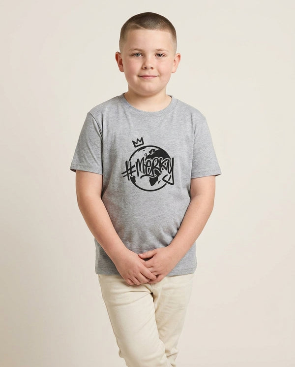 Hashtag Merky Globe Kids T-Shirt — Grey Front, worn