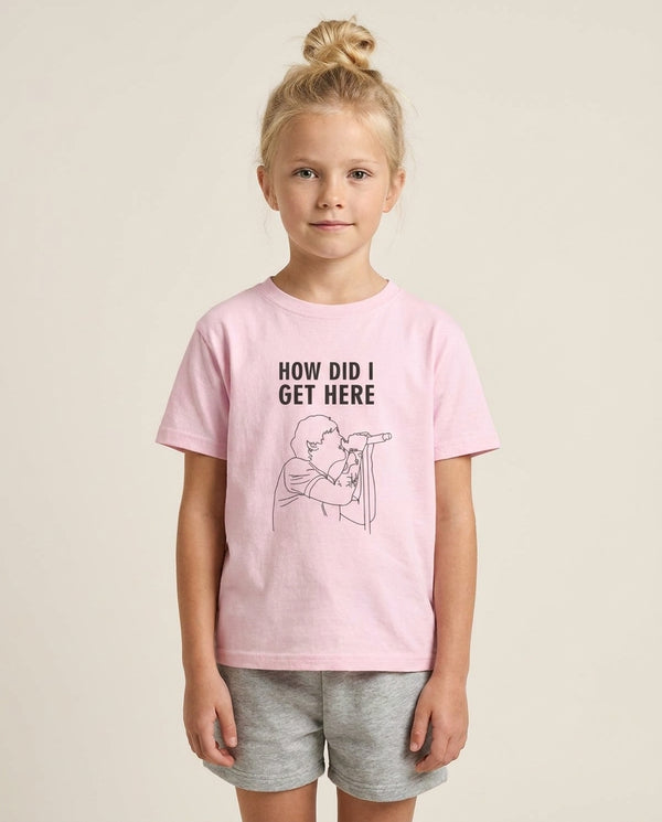 How Did I Get Here Outline Kids T-Shirt — Pink Front, worn