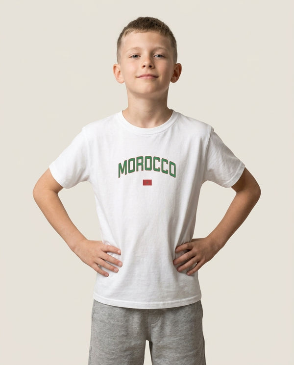 Morocco Team Kit Kids T-Shirt — White Front, worn