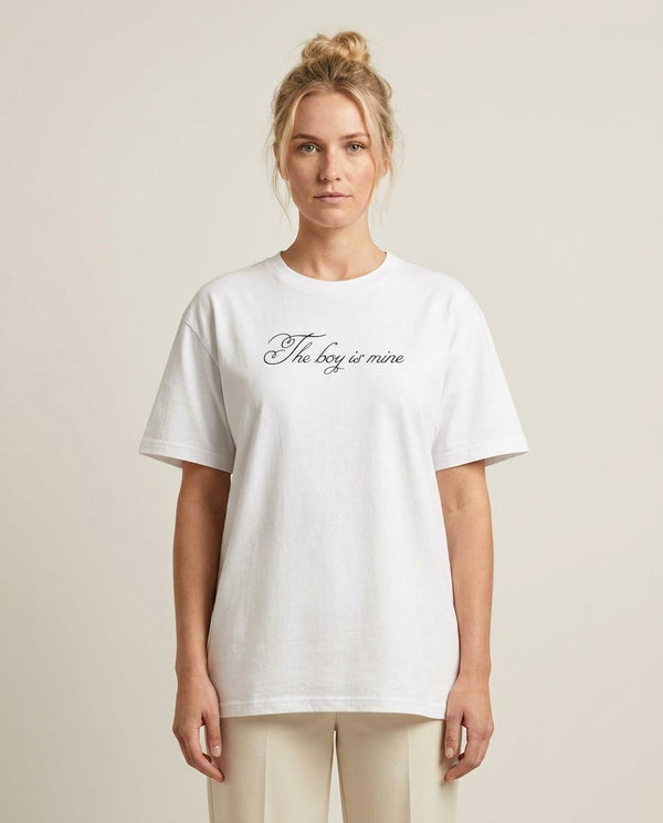 The Boy Is Mine T-Shirt — White Front, worn