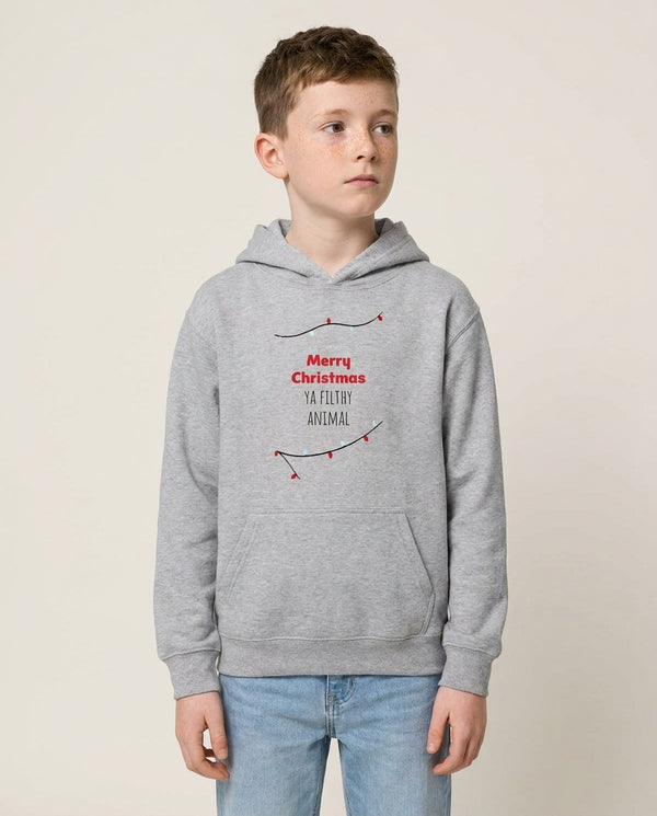 Merry Christmas Ya Filthy Animal Kids Hoodie — Grey Front, worn