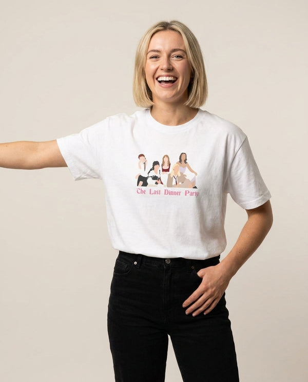 The Last Dinner Party - Festival T-Shirt — White Front, worn