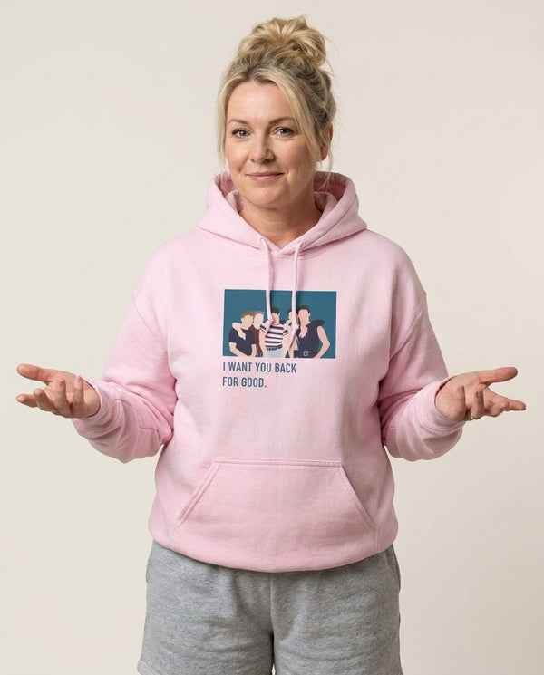 I Want You Back Hoodie — Pink Front, worn