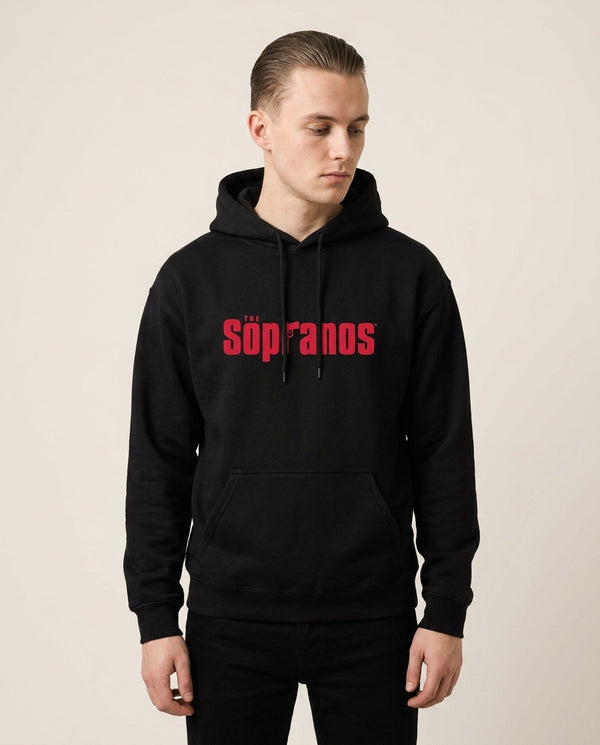 Title Screen Hoodie — Black Front, worn