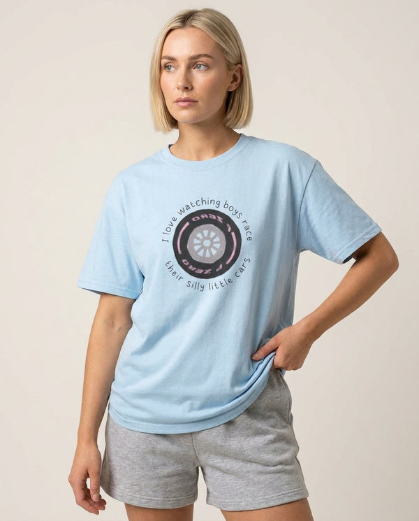 Boys And Their Silly Little Cars T-Shirt — Blue Front, worn