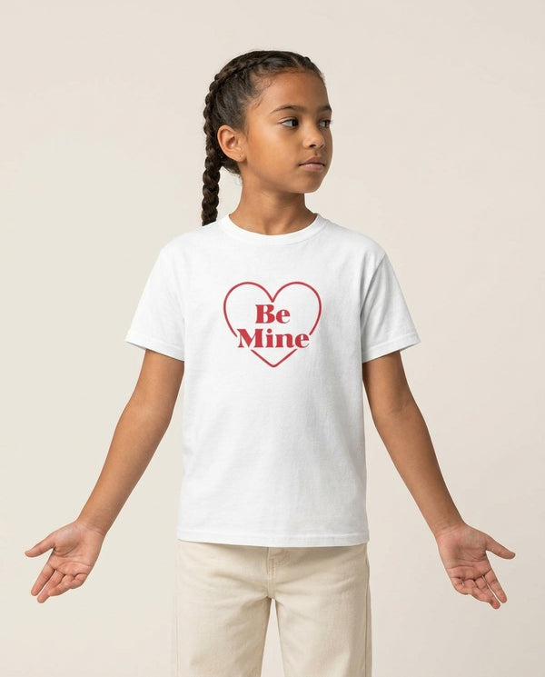 Be Mine Stripey Kids T-Shirt — White Front, worn