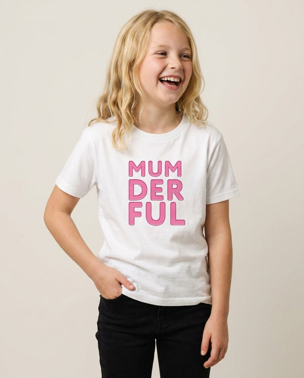 Mumderful Kids T-Shirt — White Front, worn