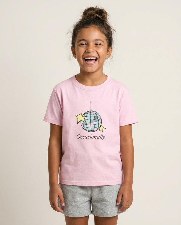 Ocasionally Discoball Kids T-Shirt — Pink Front, worn