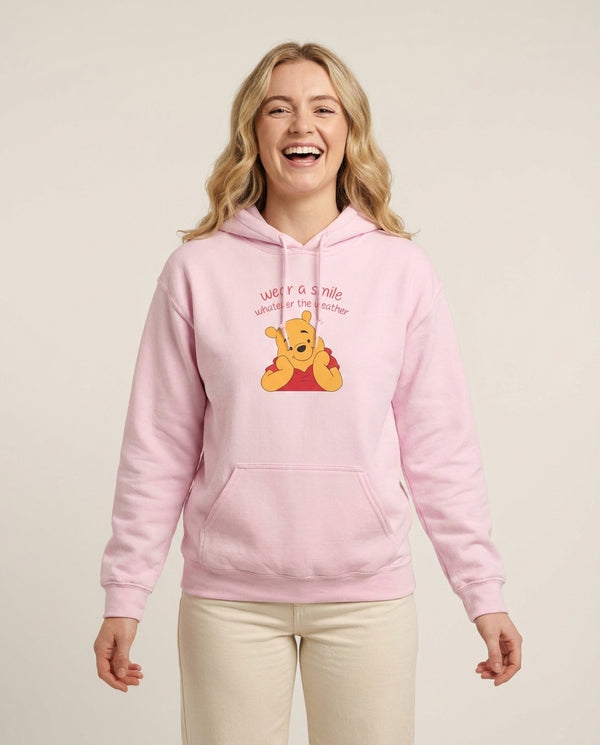 Wear A Smile Whatever The Weather  Hoodie — Pink Front, worn