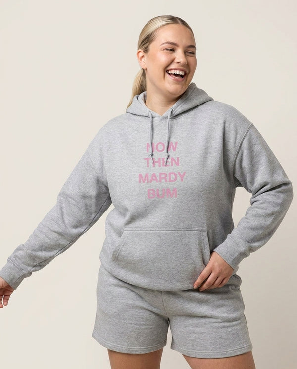Mardy Bum Hoodie — Grey Front, worn